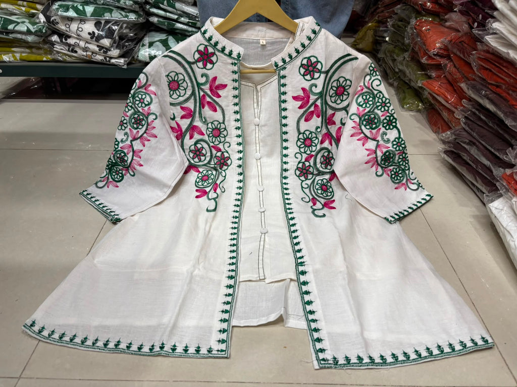 Women's Embroidered Cotton Flex Three Piece Co-Ord Set with Jacket Style Top