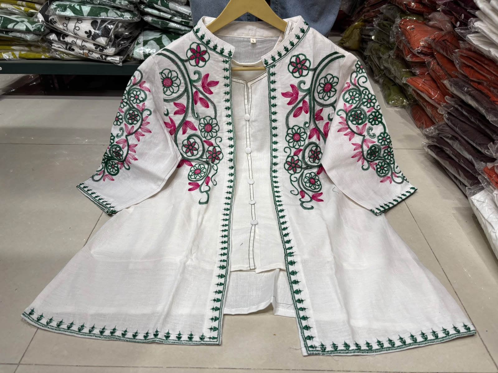 Women's Embroidered Cotton Flex Three Piece Co-Ord Set with Jacket Style Top