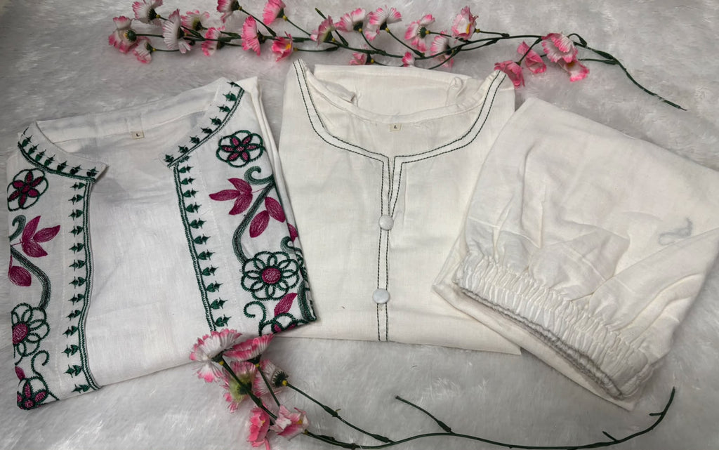 Women's Embroidered Cotton Flex Three Piece Co-Ord Set with Jacket Style Top