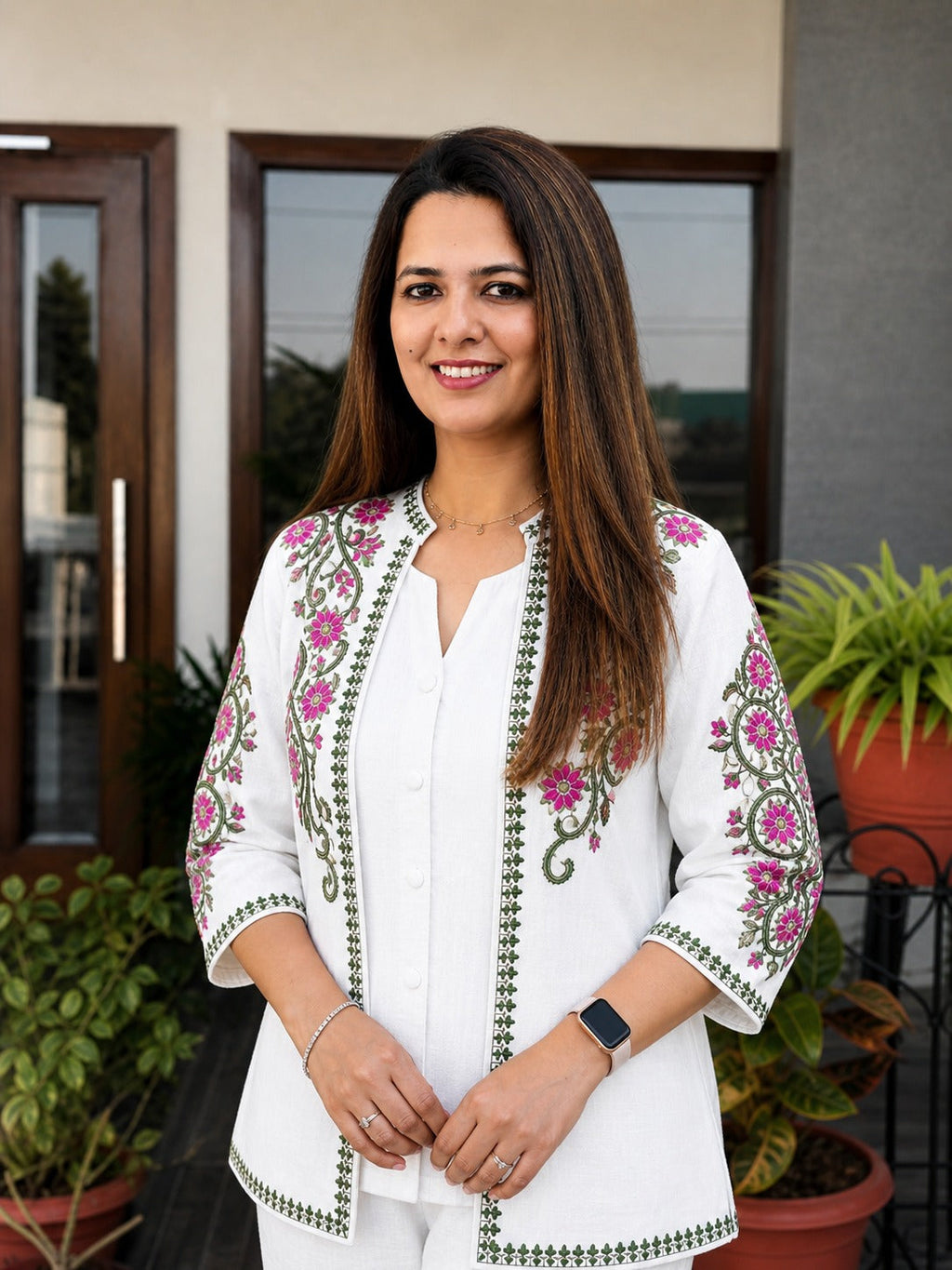 Women's Embroidered Cotton Flex Three Piece Co-Ord Set with Jacket Style Top