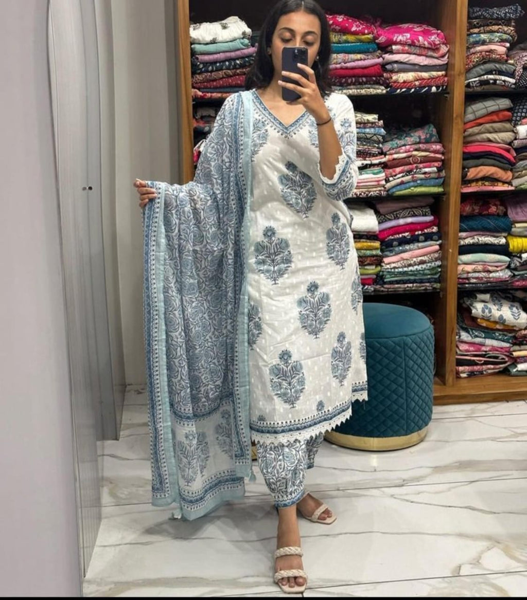 White-Grey Floral Suit Set