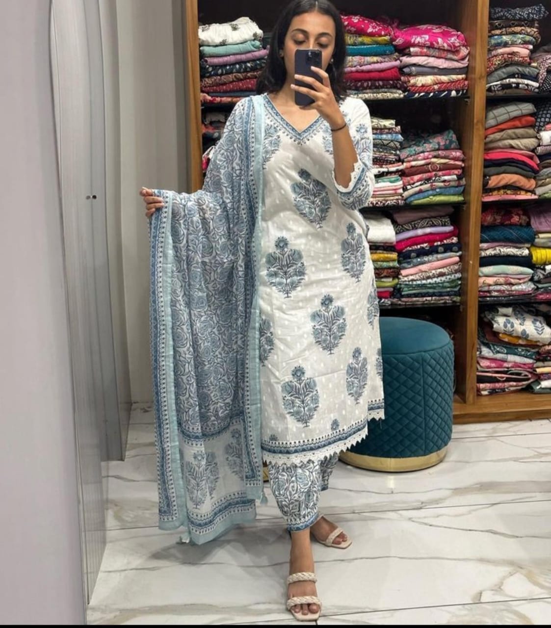 White-Grey Floral Suit Set
