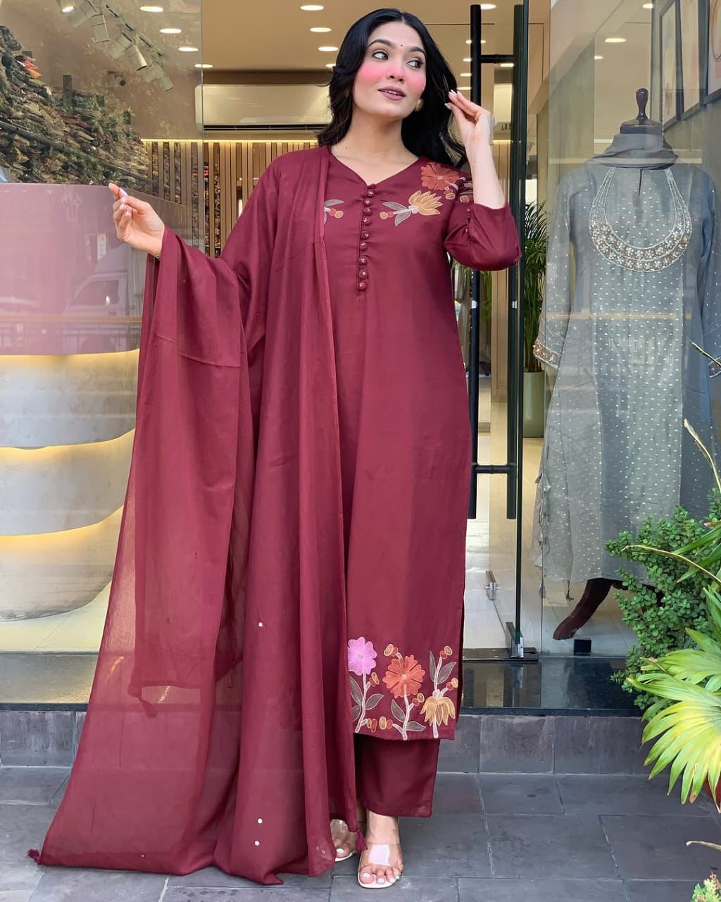 Women Embroidered Cotton Kurta Pant Dupatta Set