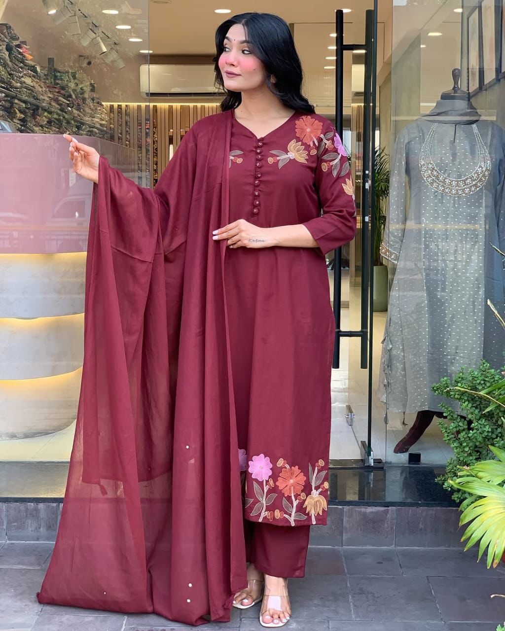 Women Embroidered Cotton Kurta Pant Dupatta Set