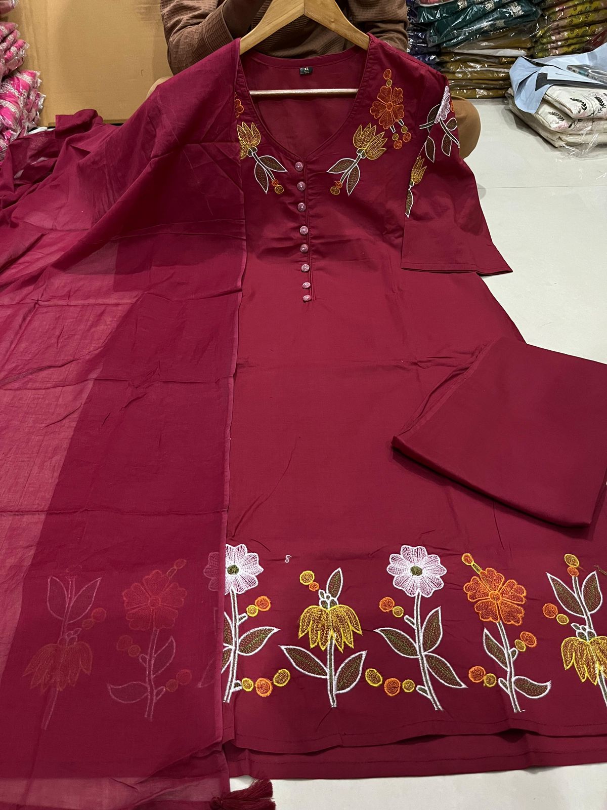 Women Embroidered Cotton Kurta Pant Dupatta Set