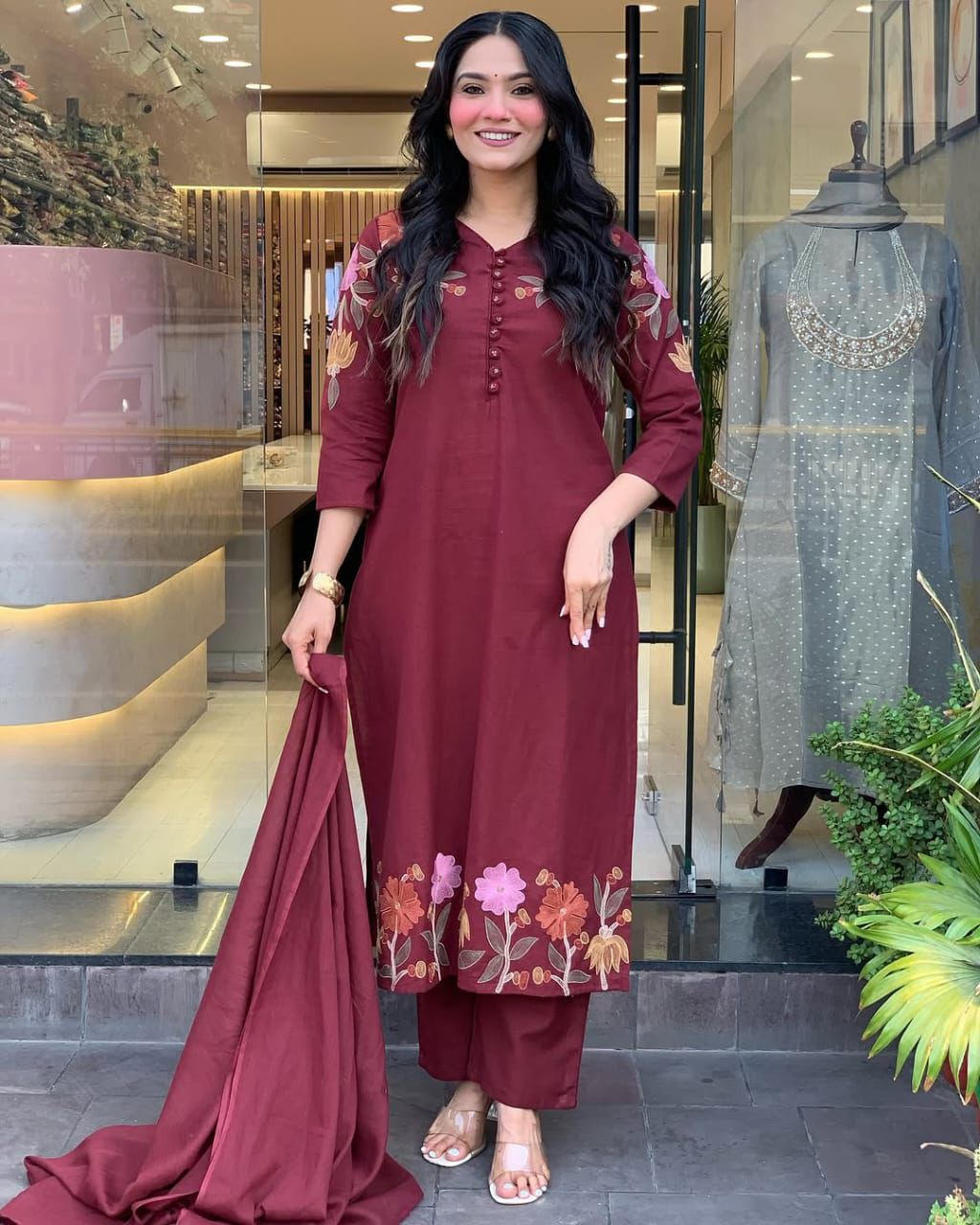 Women Embroidered Cotton Kurta Pant Dupatta Set