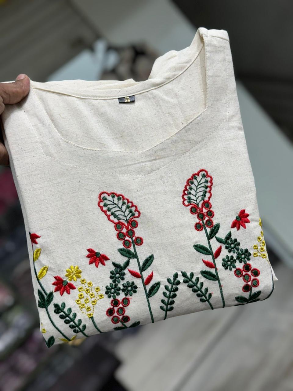Elegant Embroidered Midi Kurti with Puff Sleeves | Cotton Flex Comfort