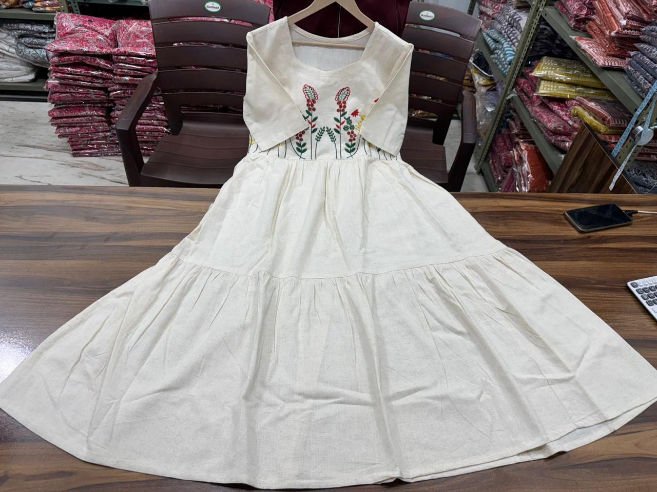Elegant Embroidered Midi Kurti with Puff Sleeves | Cotton Flex Comfort