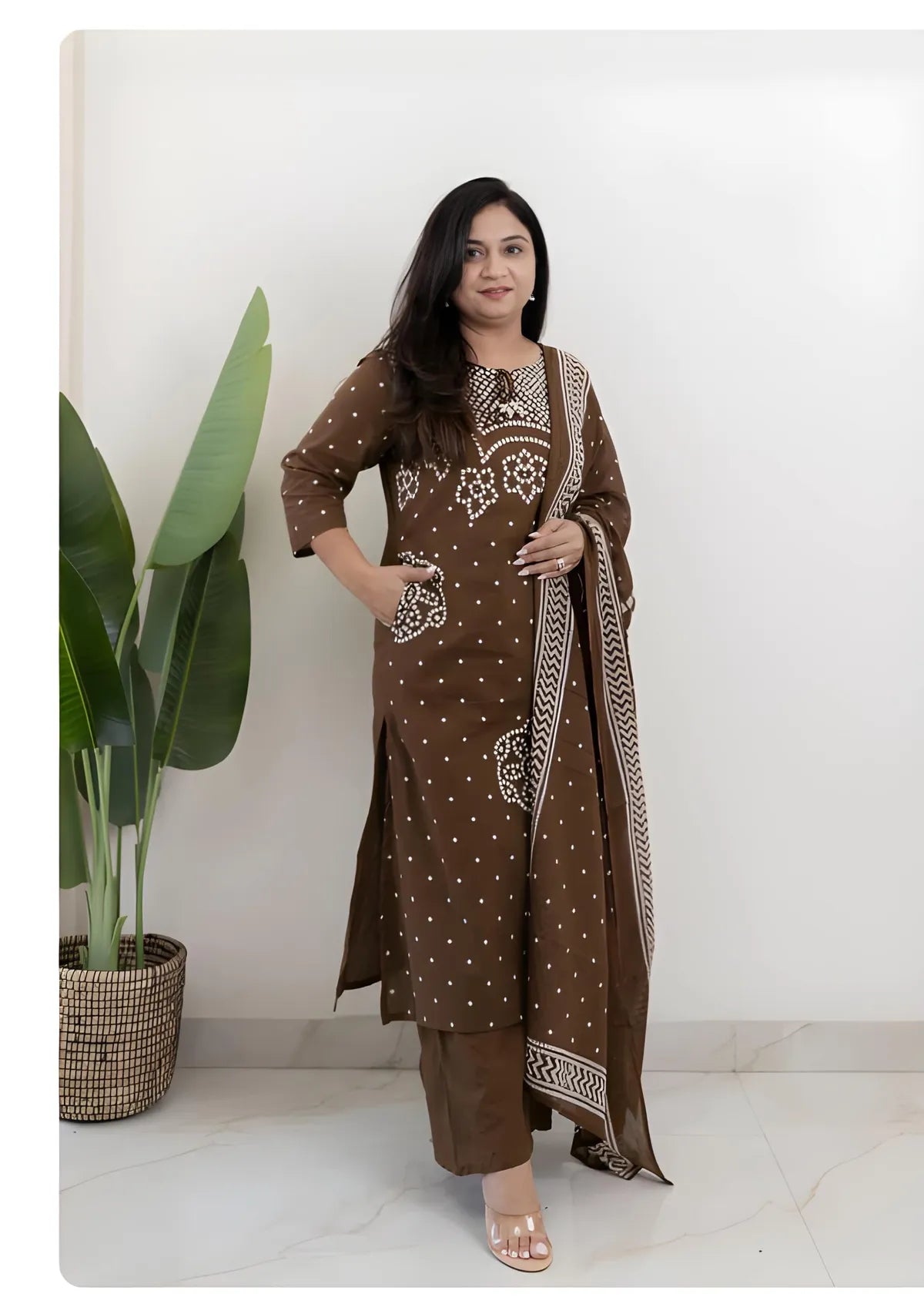Women Premium Cotton Bandhani Print Kurta Pant Dupatta Set with Mirror and Kodi Work