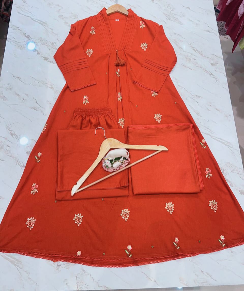 Exquisite Embroidered A-Line Kurta Set with Dupatta — Elegant Three-Piece Ensemble in Cotton 60×60 Fabric
