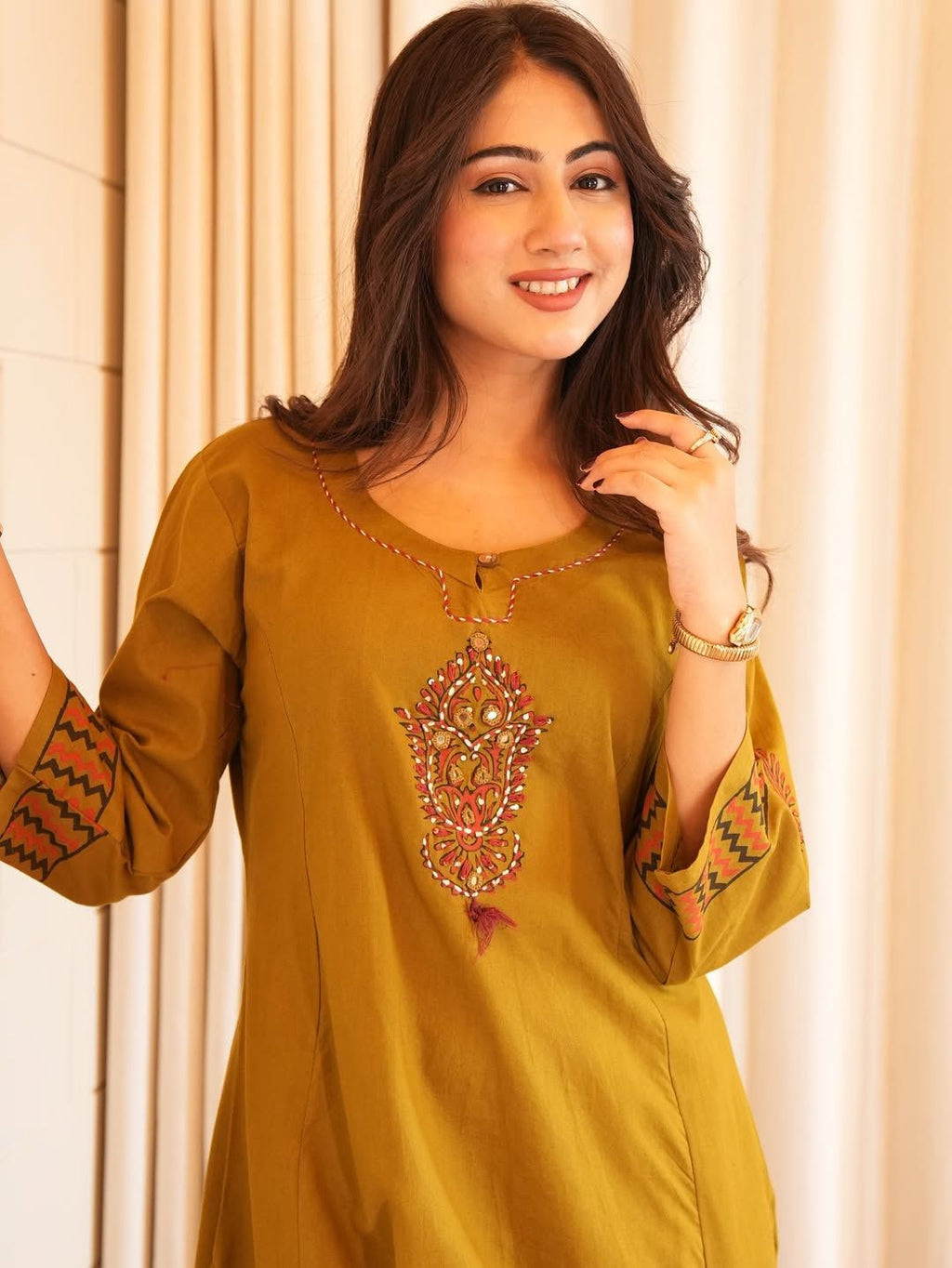 Pure Cotton A-Line Kurta Set with Handcrafted Neck Work — Elegant Three-Piece Ensemble with Cotton Dupatta and Pants