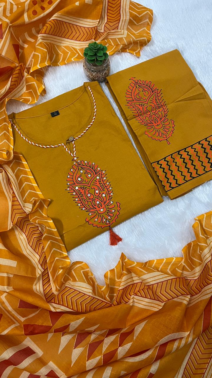 Pure Cotton A-Line Kurta Set with Handcrafted Neck Work — Elegant Three-Piece Ensemble with Cotton Dupatta and Pants