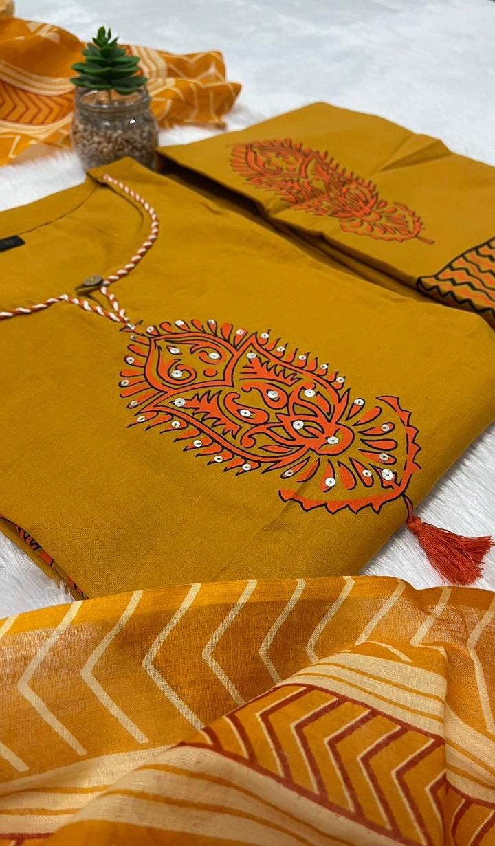 Pure Cotton A-Line Kurta Set with Handcrafted Neck Work — Elegant Three-Piece Ensemble with Cotton Dupatta and Pants