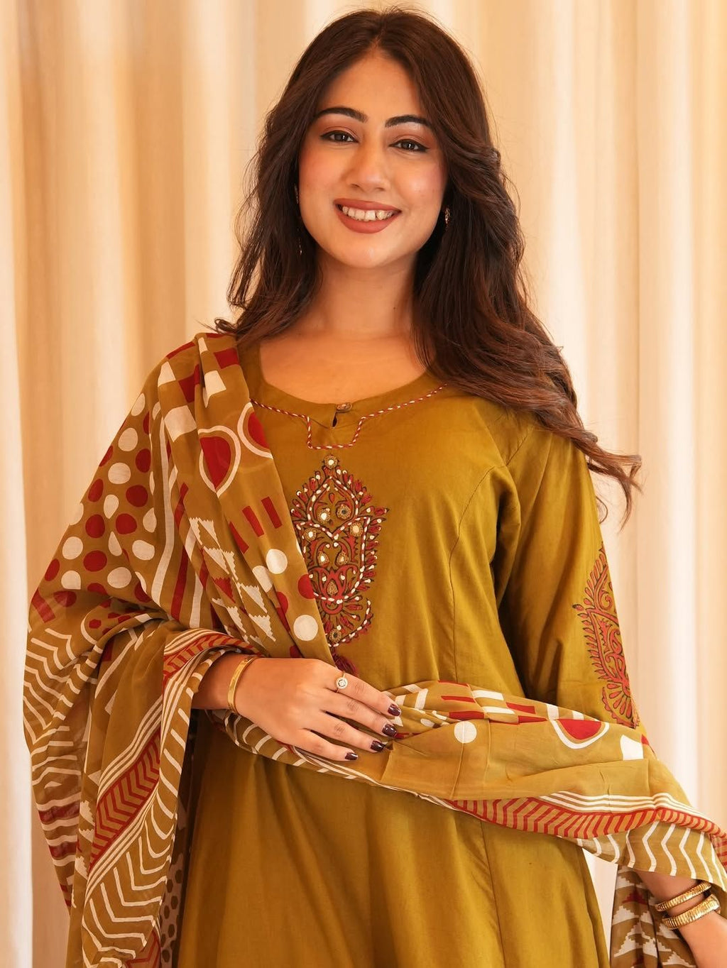 Pure Cotton A-Line Kurta Set with Handcrafted Neck Work — Elegant Three-Piece Ensemble with Cotton Dupatta and Pants