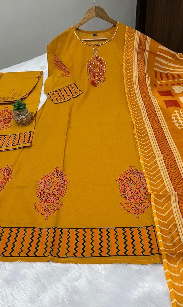 Pure Cotton A-Line Kurta Set with Handcrafted Neck Work — Elegant Three-Piece Ensemble with Cotton Dupatta and Pants