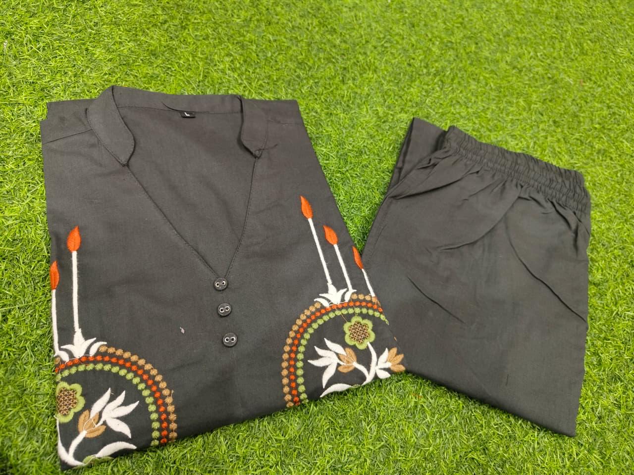 Women Embroidered Cotton Co Ord Set with Wide Leg Pants