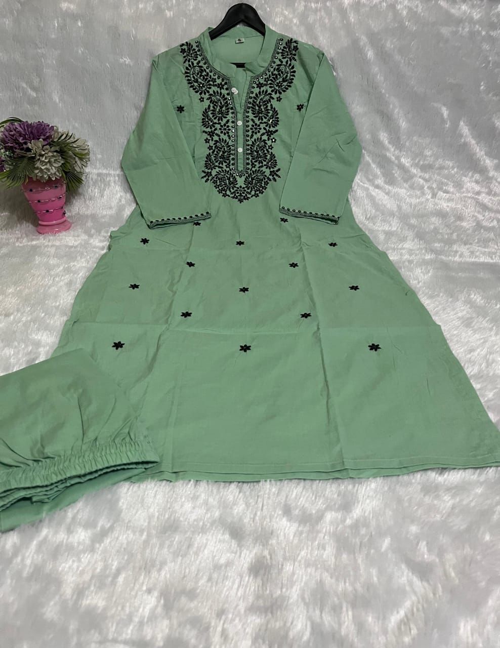 Embroidered Pure Cotton Kurti with Afghani Pant – Mint Green Set