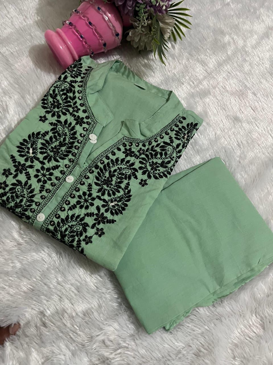 Embroidered Pure Cotton Kurti with Afghani Pant – Mint Green Set