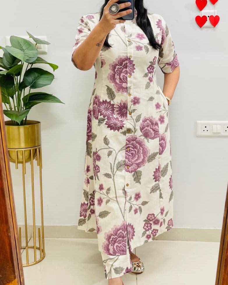 Women Floral Printed Pure Cotton A-Line Co-Ord Set with Ankle Length Pants