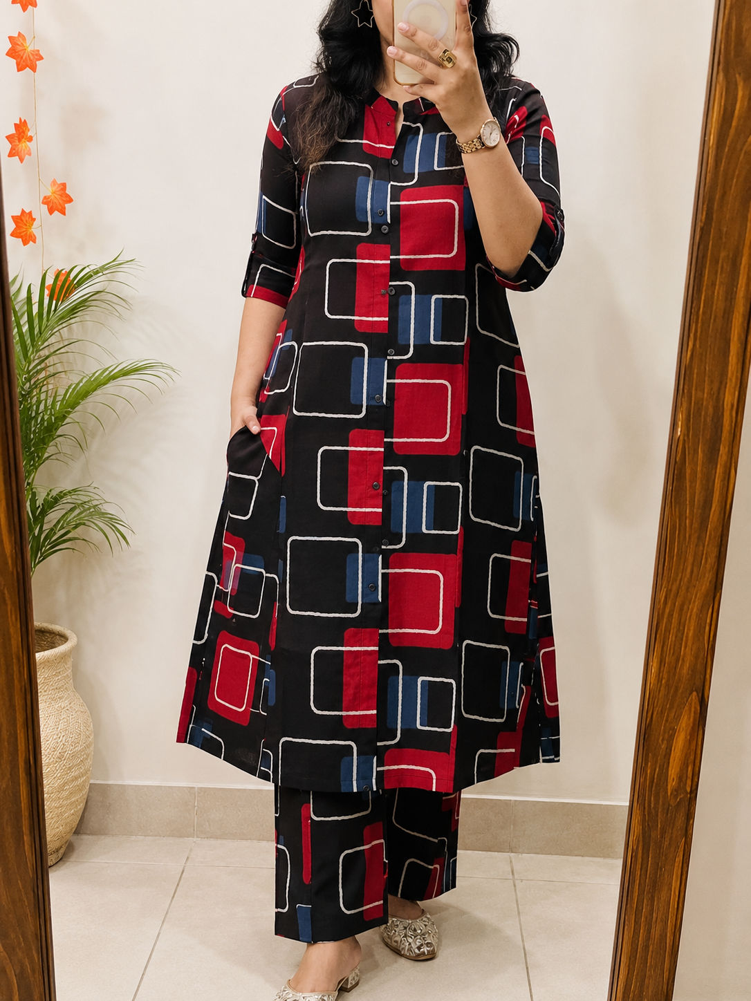 Premium Women's Pure Cotton Geometric Printed A-Line Co-ord Set with Palazzo Pants