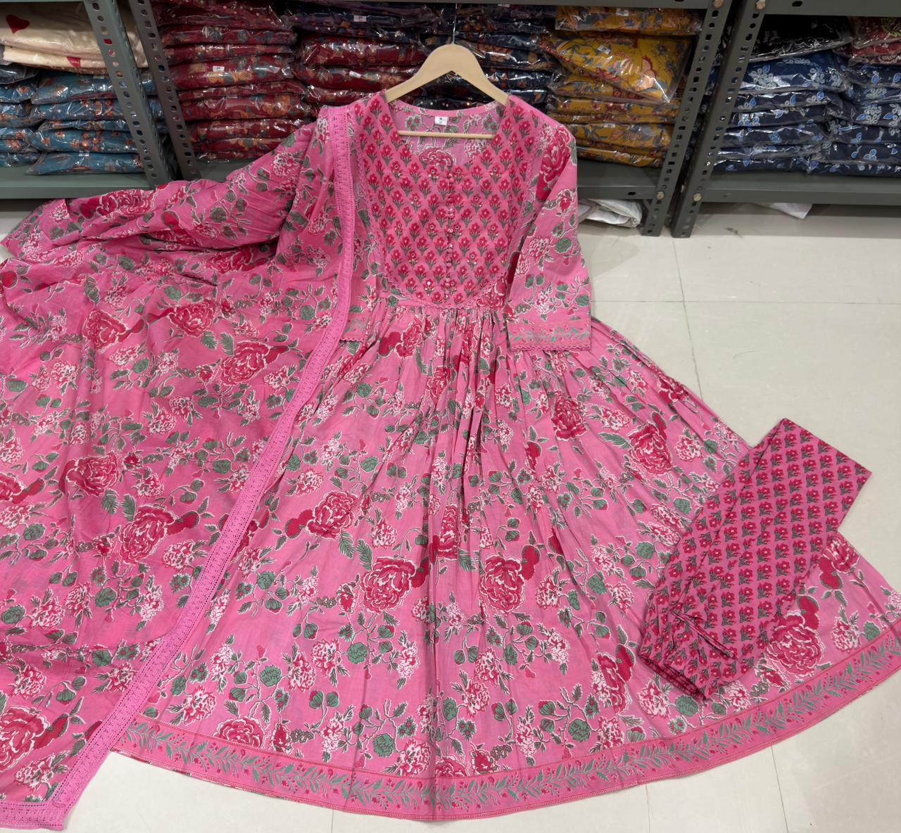 Premium Women's Pure Cotton Hand & Adda Work Floral Anarkali Kurta Pant Dupatta Set