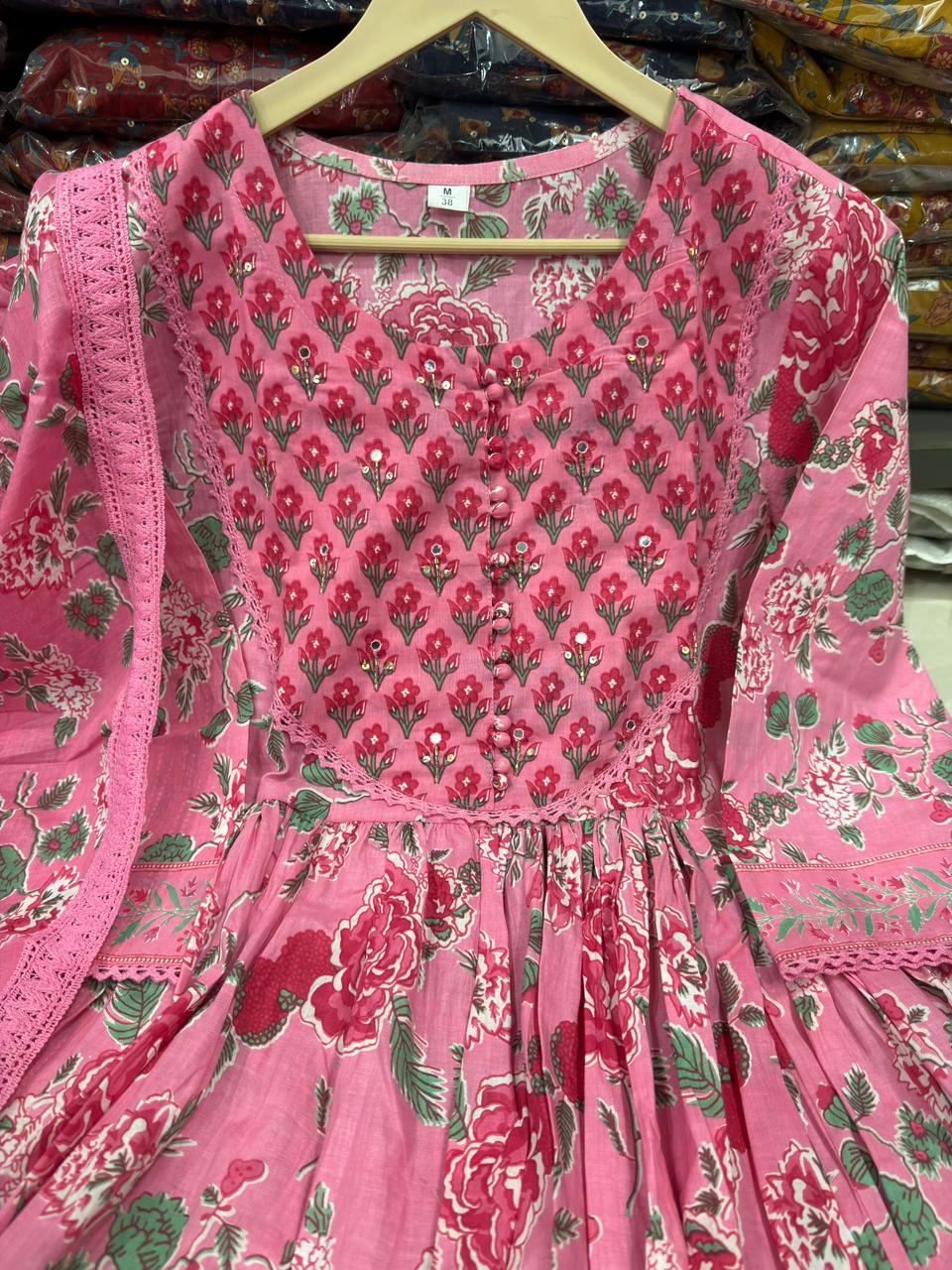 Premium Women's Pure Cotton Hand & Adda Work Floral Anarkali Kurta Pant Dupatta Set
