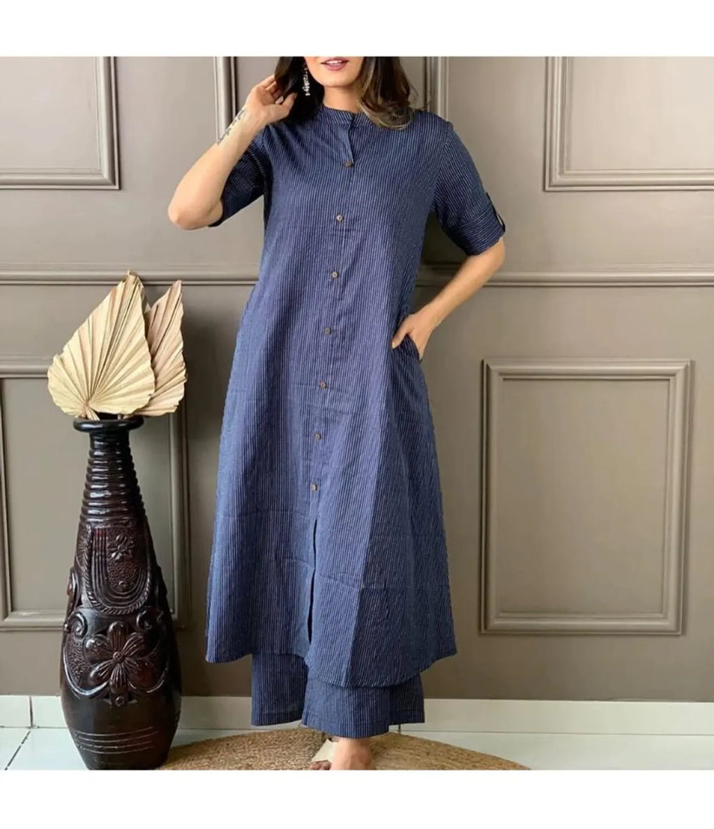 Women's A-Line Cotton Kurti Palazzo Set with Katha Work