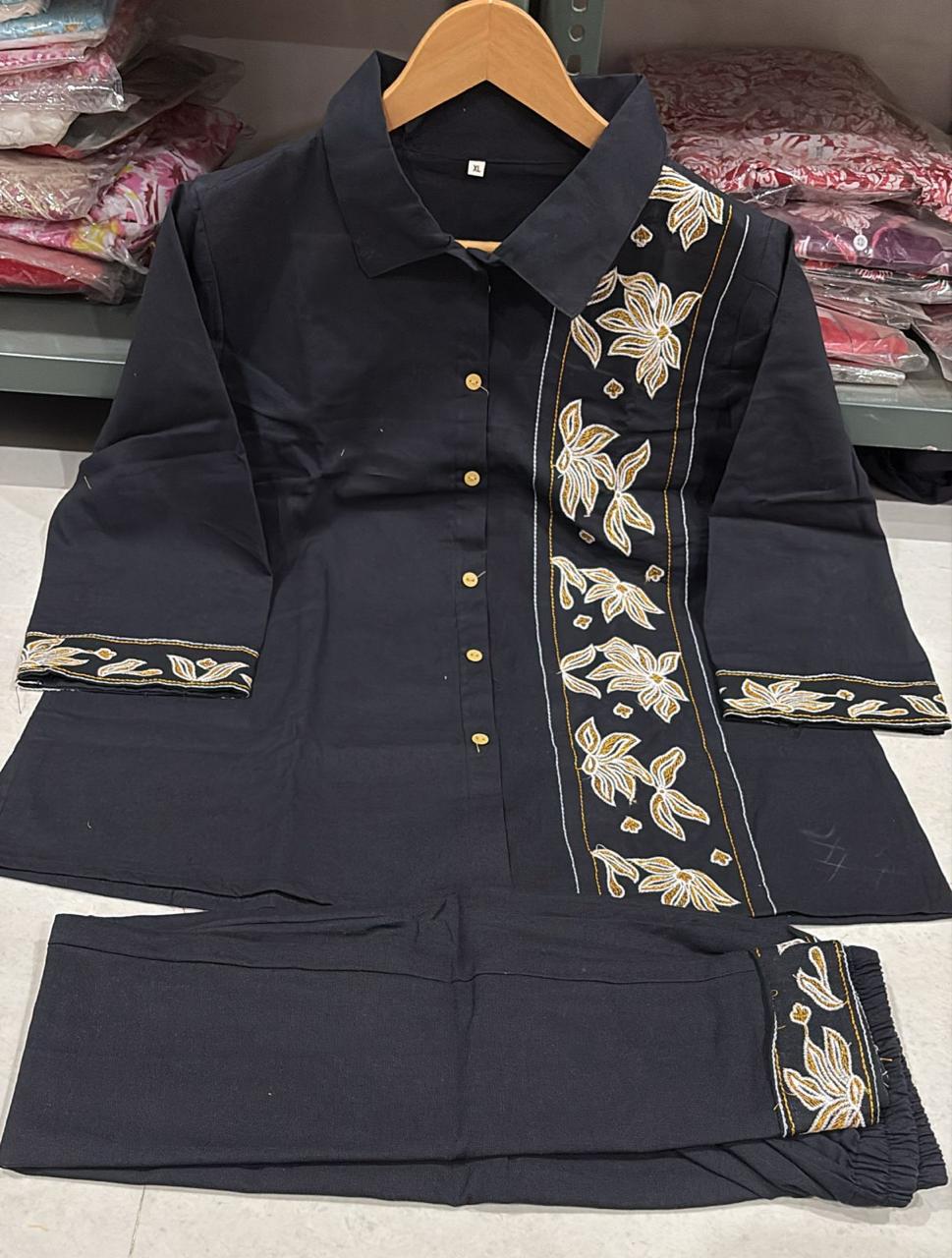 Women Cotton Flex Embroidered Co-Ord Set Top and Pant Casual Office Wear