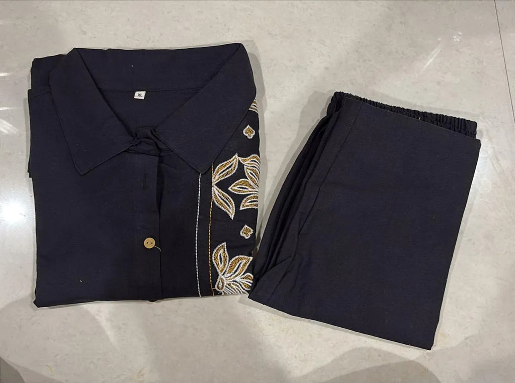 Women Cotton Flex Embroidered Co-Ord Set Top and Pant Casual Office Wear