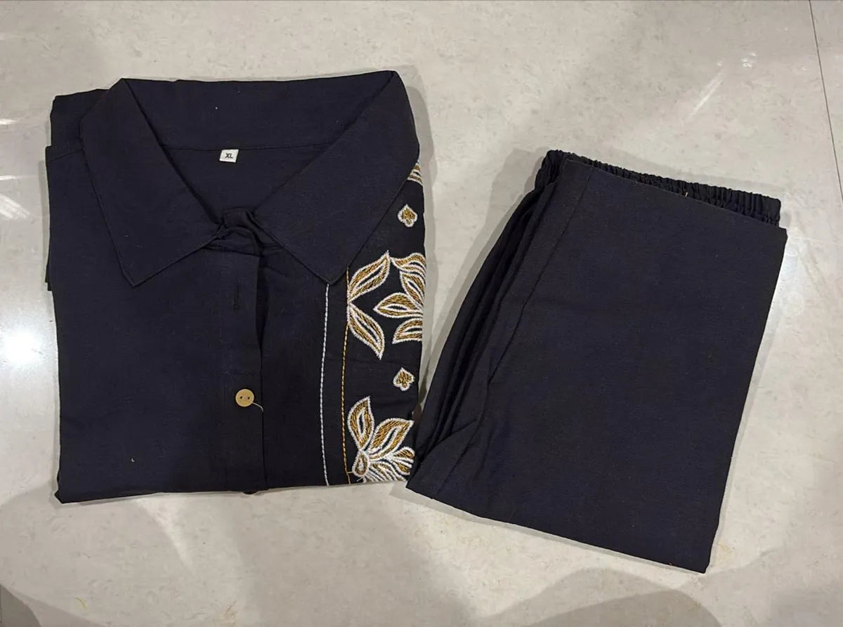 Women Cotton Flex Embroidered Co-Ord Set Top and Pant Casual Office Wear