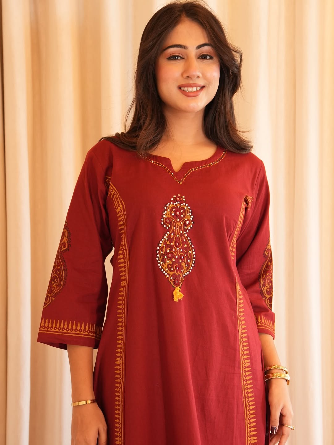 Pure Cotton A-Line Kurta Set with Handcrafted Neck Work — Elegant Three-Piece Ensemble with Cotton Dupatta and Pants
