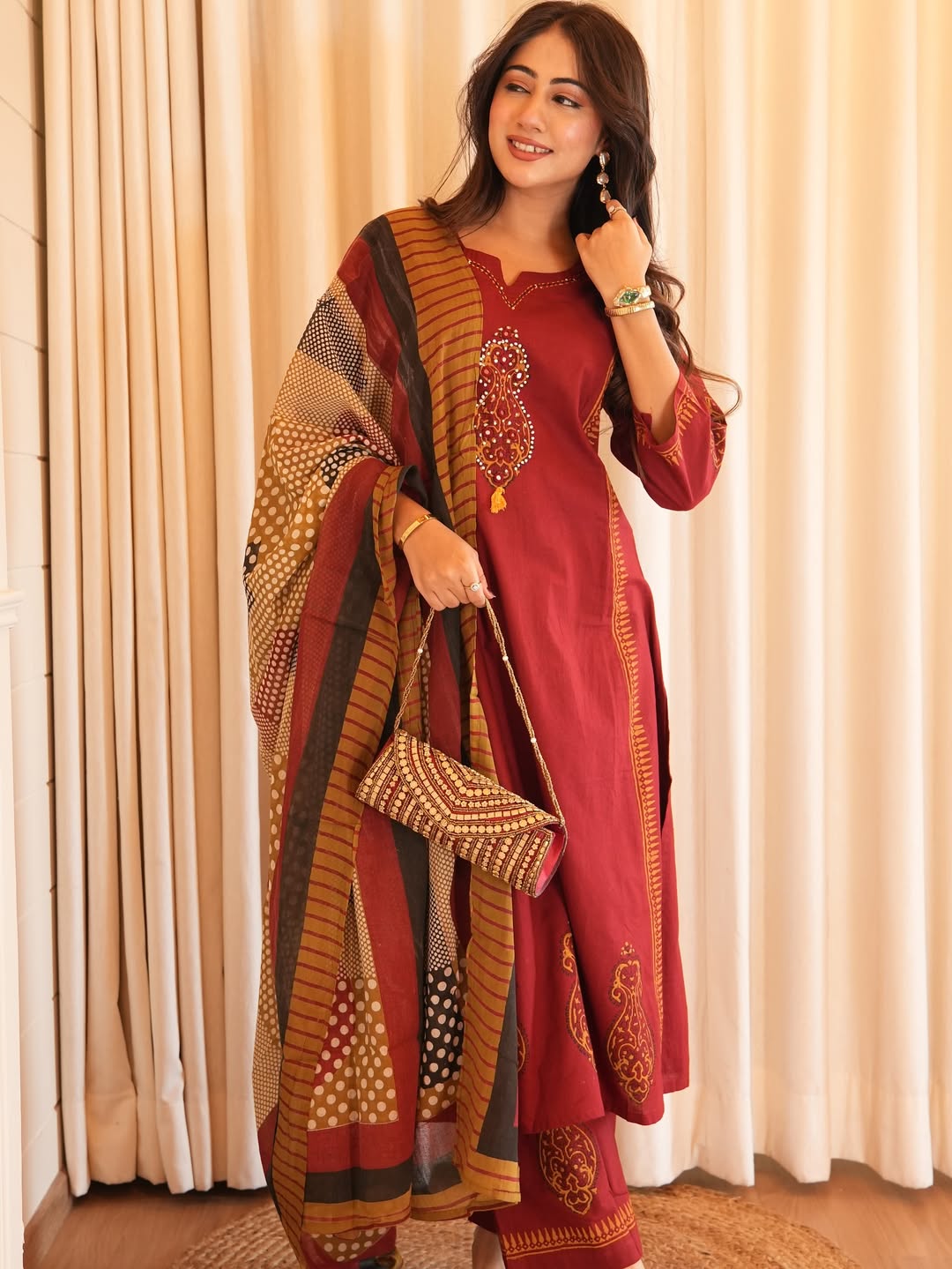 Pure Cotton A-Line Kurta Set with Handcrafted Neck Work — Elegant Three-Piece Ensemble with Cotton Dupatta and Pants