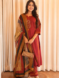 Pure Cotton A-Line Kurta Set with Handcrafted Neck Work — Elegant Three-Piece Ensemble with Cotton Dupatta and Pants