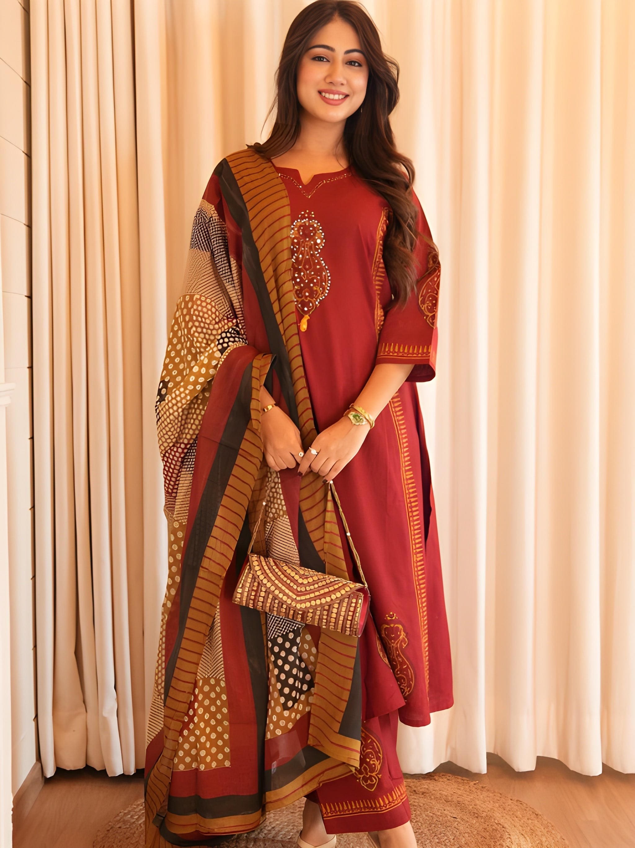 Pure Cotton A-Line Kurta Set with Handcrafted Neck Work — Elegant Three-Piece Ensemble with Cotton Dupatta and Pants