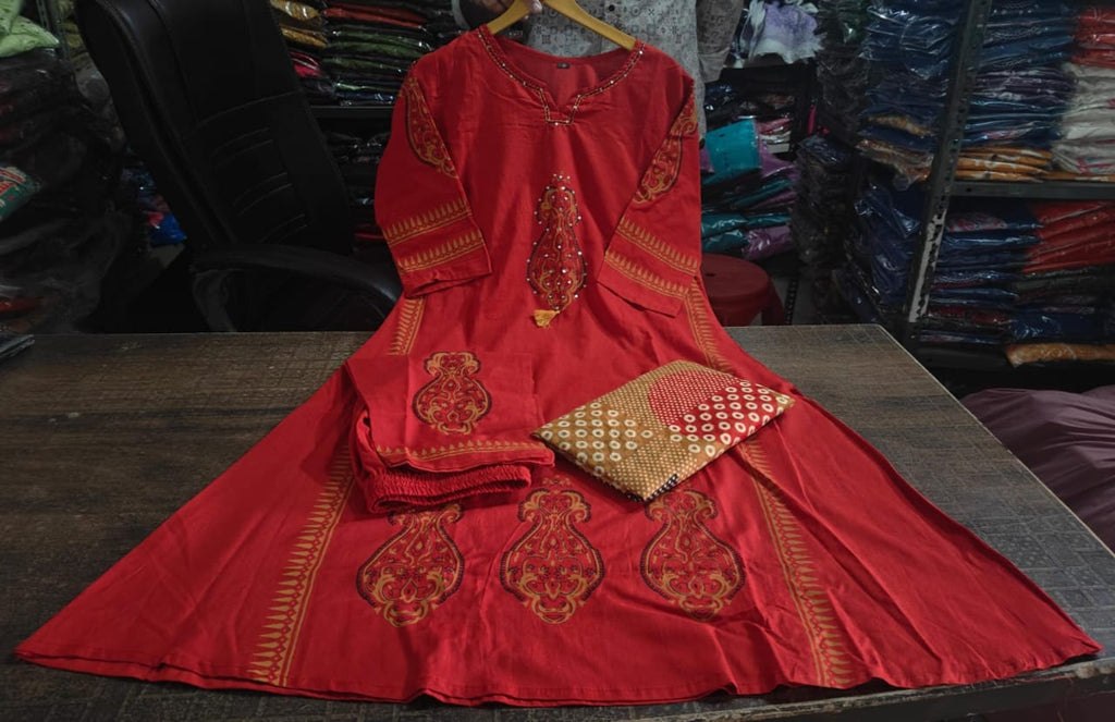 Pure Cotton A-Line Kurta Set with Handcrafted Neck Work — Elegant Three-Piece Ensemble with Cotton Dupatta and Pants