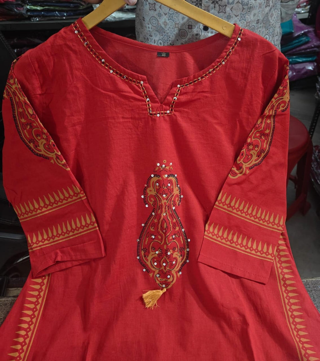Pure Cotton A-Line Kurta Set with Handcrafted Neck Work — Elegant Three-Piece Ensemble with Cotton Dupatta and Pants