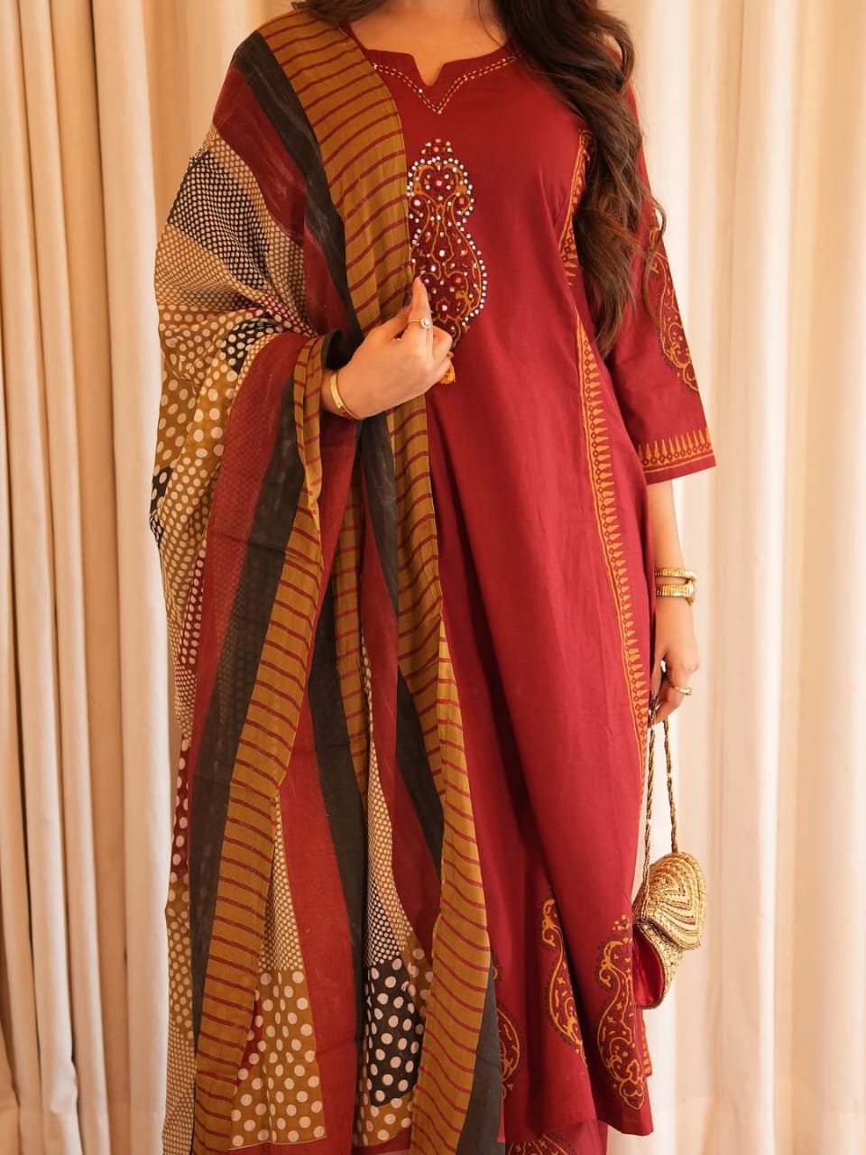 Pure Cotton A-Line Kurta Set with Handcrafted Neck Work — Elegant Three-Piece Ensemble with Cotton Dupatta and Pants