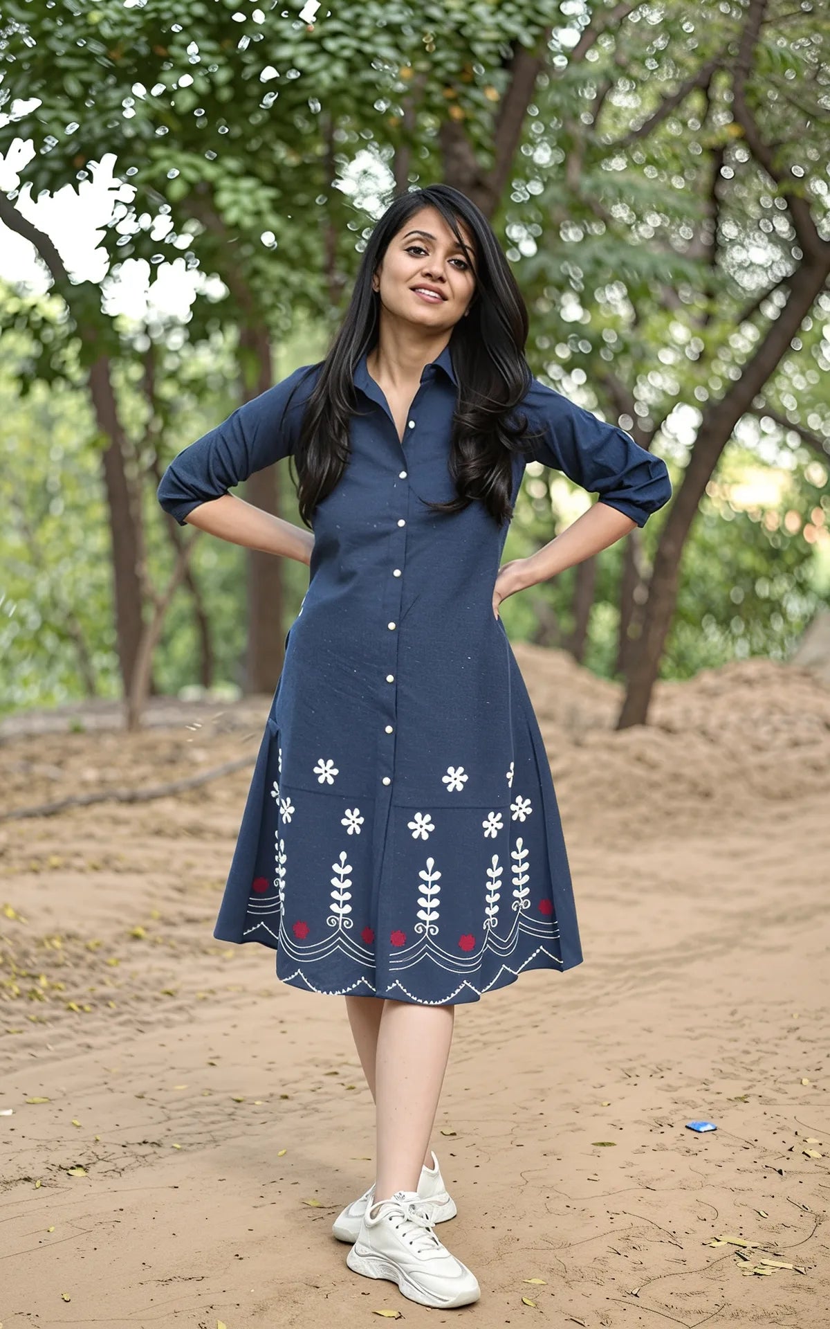 Denim Blue Hand Aari Embroidered Cotton A-Line Midi Dress