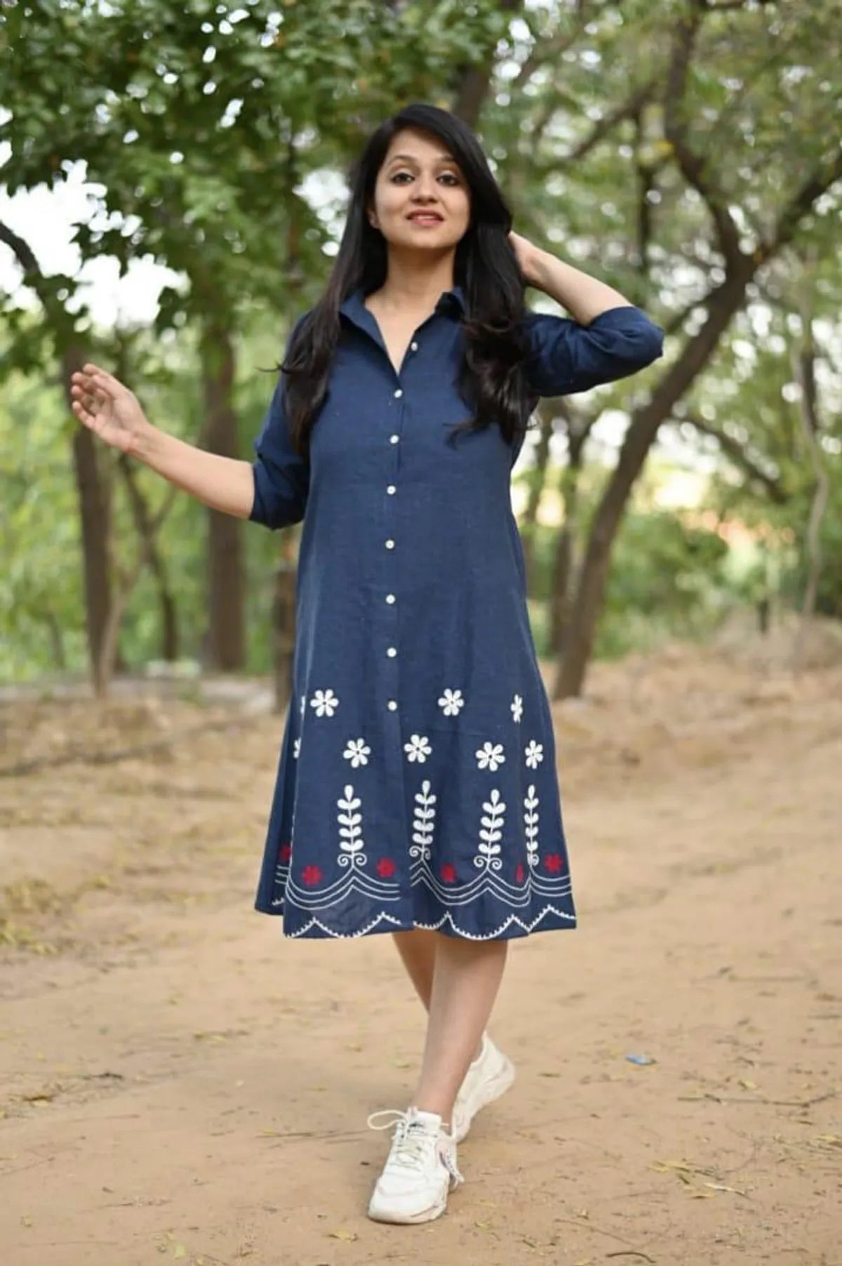 Denim Blue Hand Aari Embroidered Cotton A-Line Midi Dress