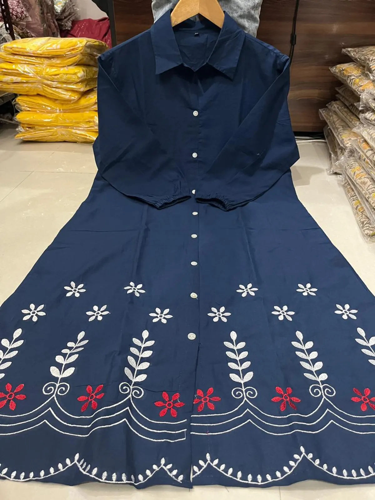 Denim Blue Hand Aari Embroidered Cotton A-Line Midi Dress