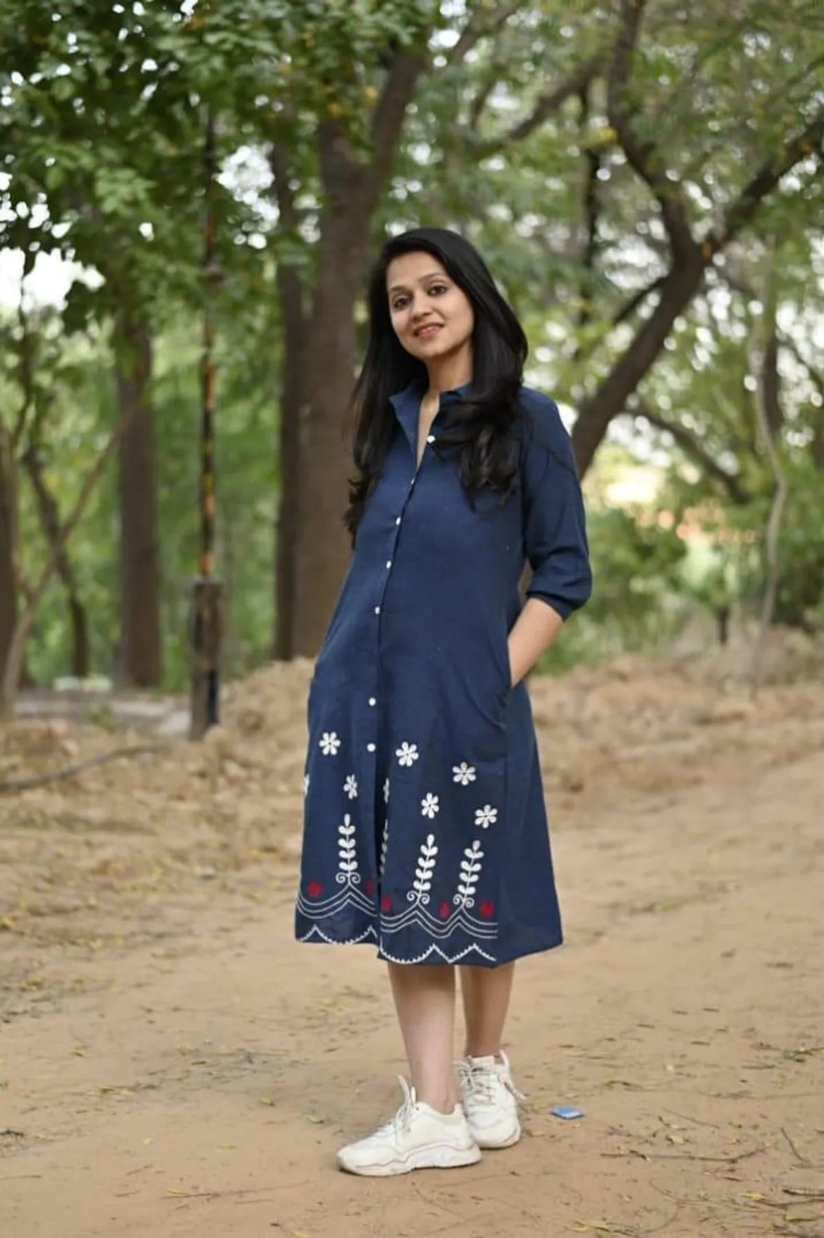 Denim Blue Hand Aari Embroidered Cotton A-Line Midi Dress