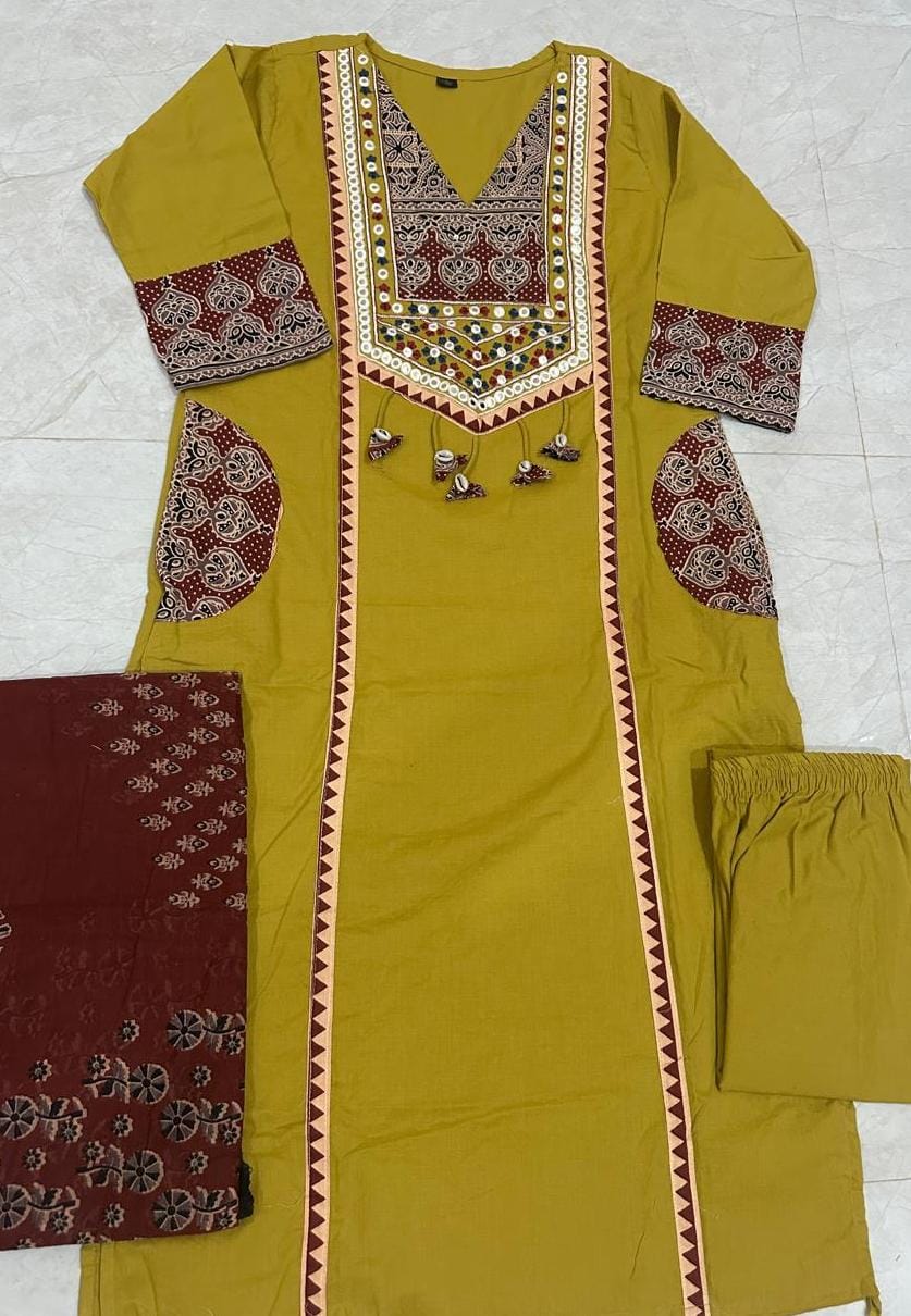 Women Premium Embroidered Yoke Pure Cotton Kurta Set with Pants and Dupatta Ethnic Three Piece Suit
