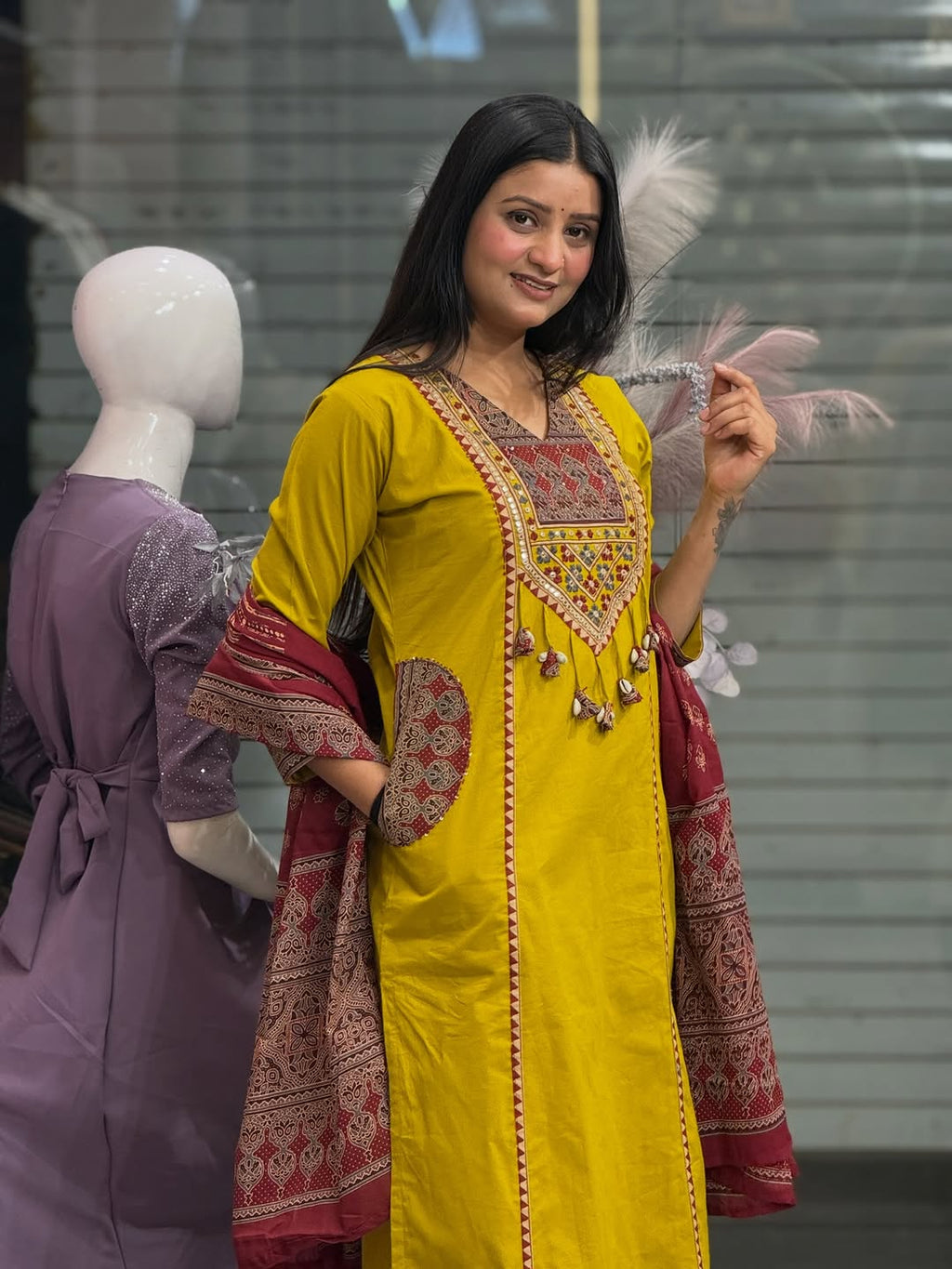 Women Premium Embroidered Yoke Pure Cotton Kurta Set with Pants and Dupatta Ethnic Three Piece Suit