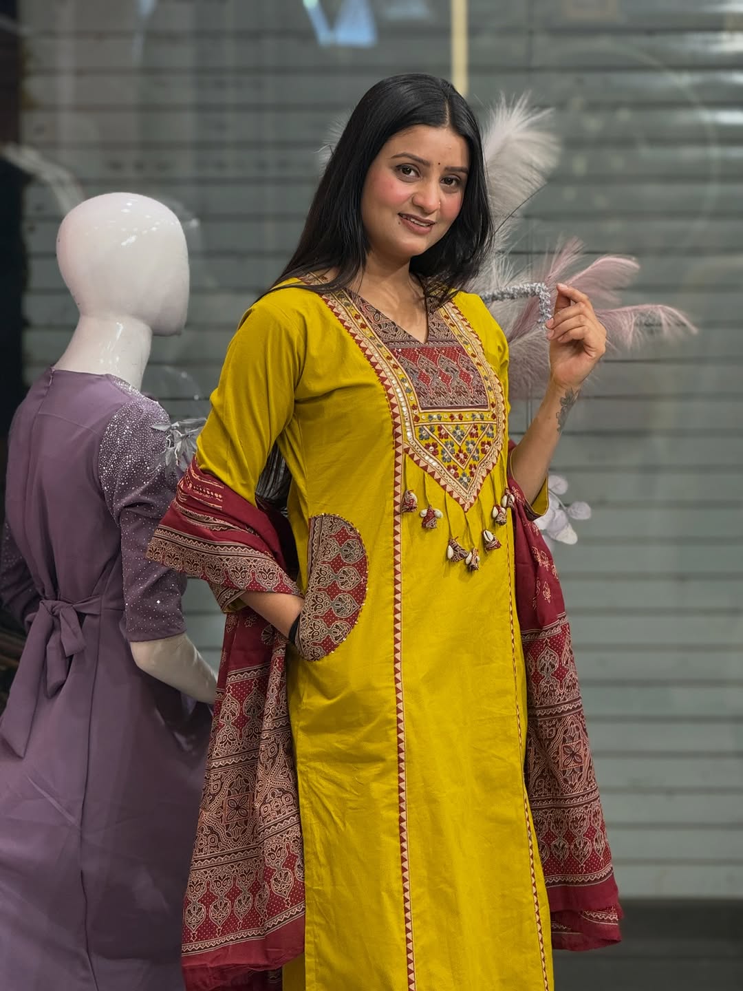 Women Premium Embroidered Yoke Pure Cotton Kurta Set with Pants and Dupatta Ethnic Three Piece Suit
