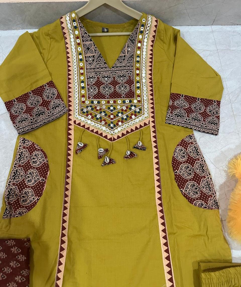 Women Premium Embroidered Yoke Pure Cotton Kurta Set with Pants and Dupatta Ethnic Three Piece Suit