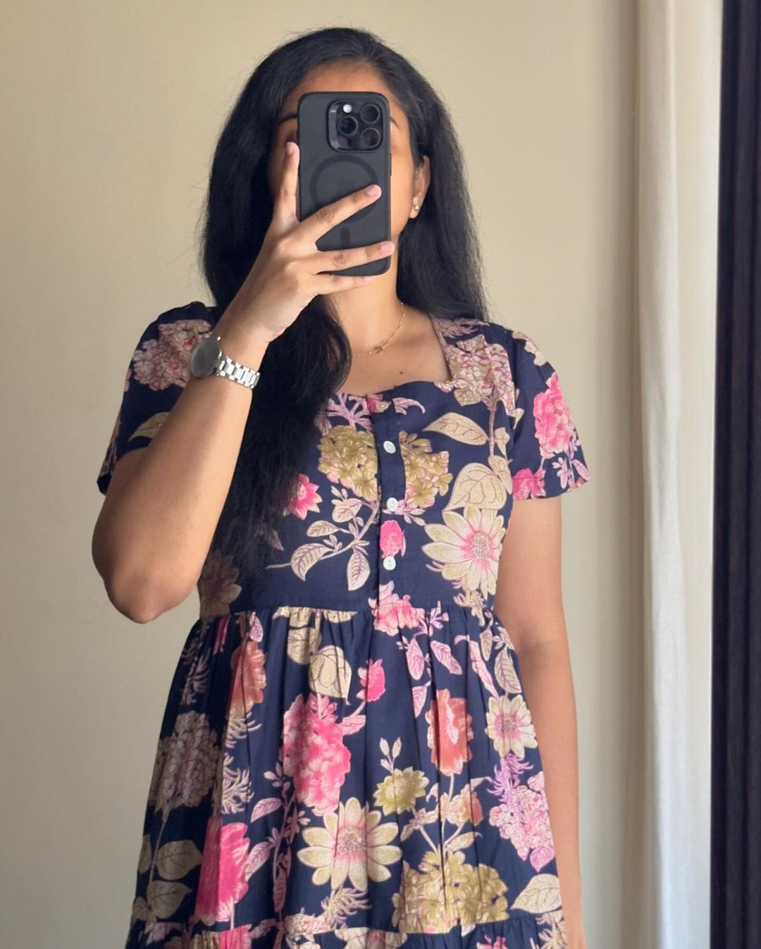 Pretty Blue Cotton Midi Kurti with Floral Print and Puff Sleeves