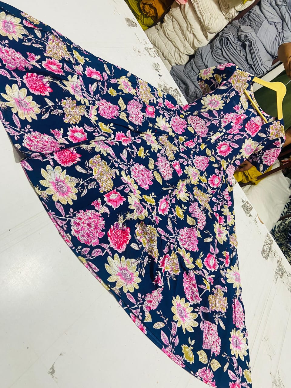 Pretty Blue Cotton Midi Kurti with Floral Print and Puff Sleeves