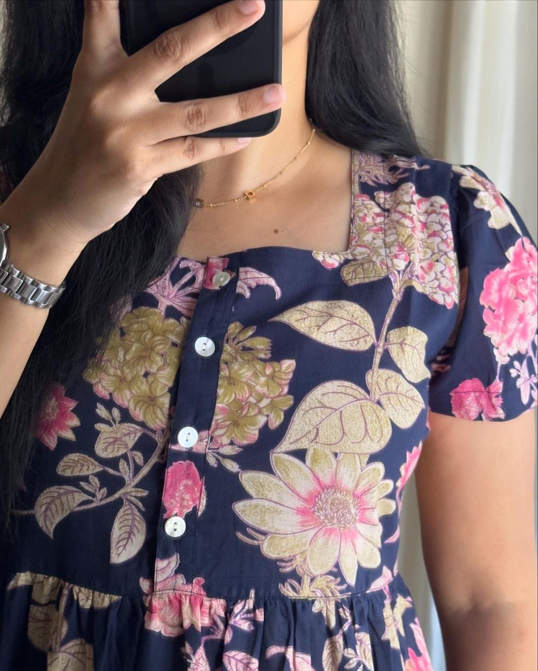 Pretty Blue Cotton Midi Kurti with Floral Print and Puff Sleeves