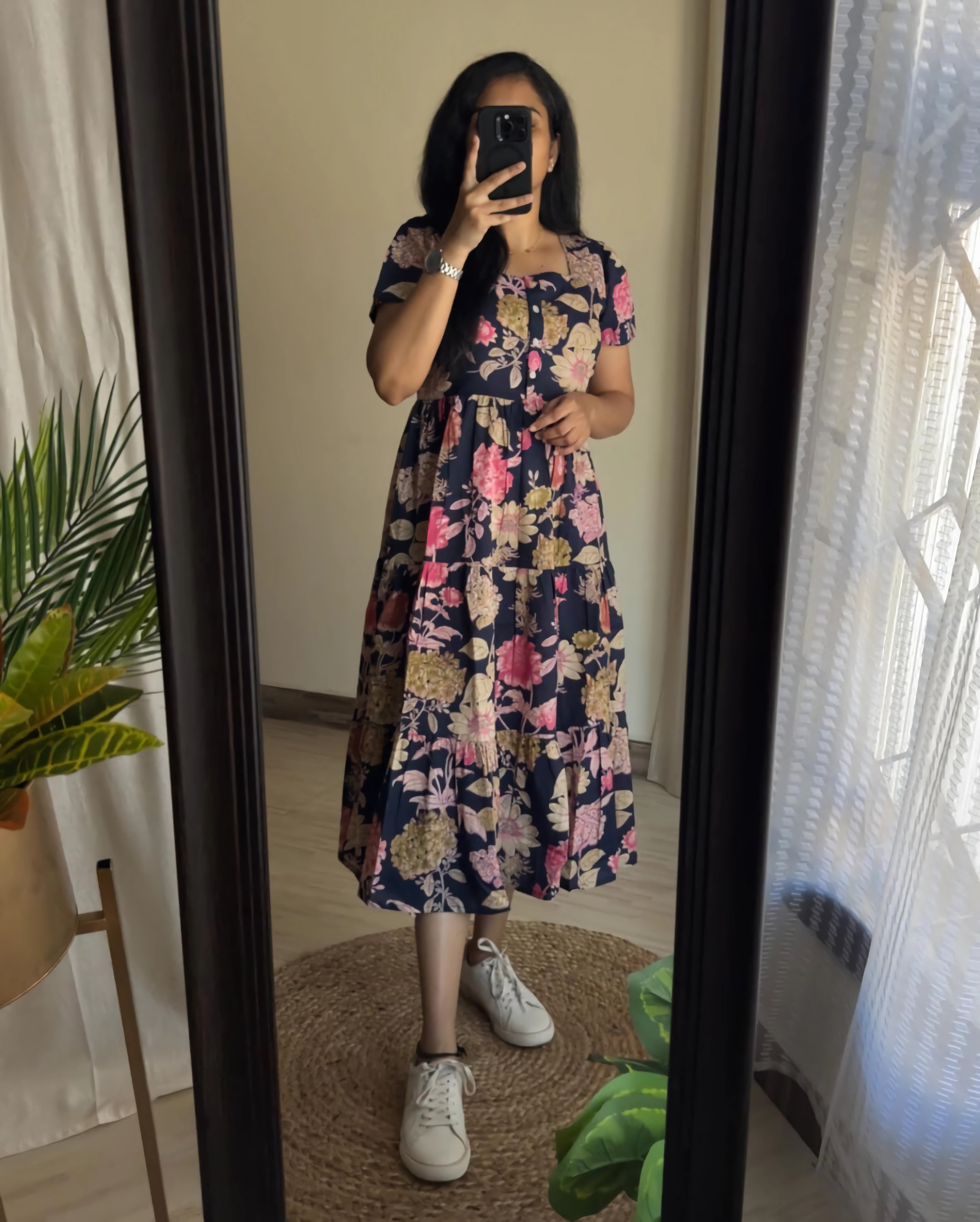 Pretty Blue Cotton Midi Kurti with Floral Print and Puff Sleeves