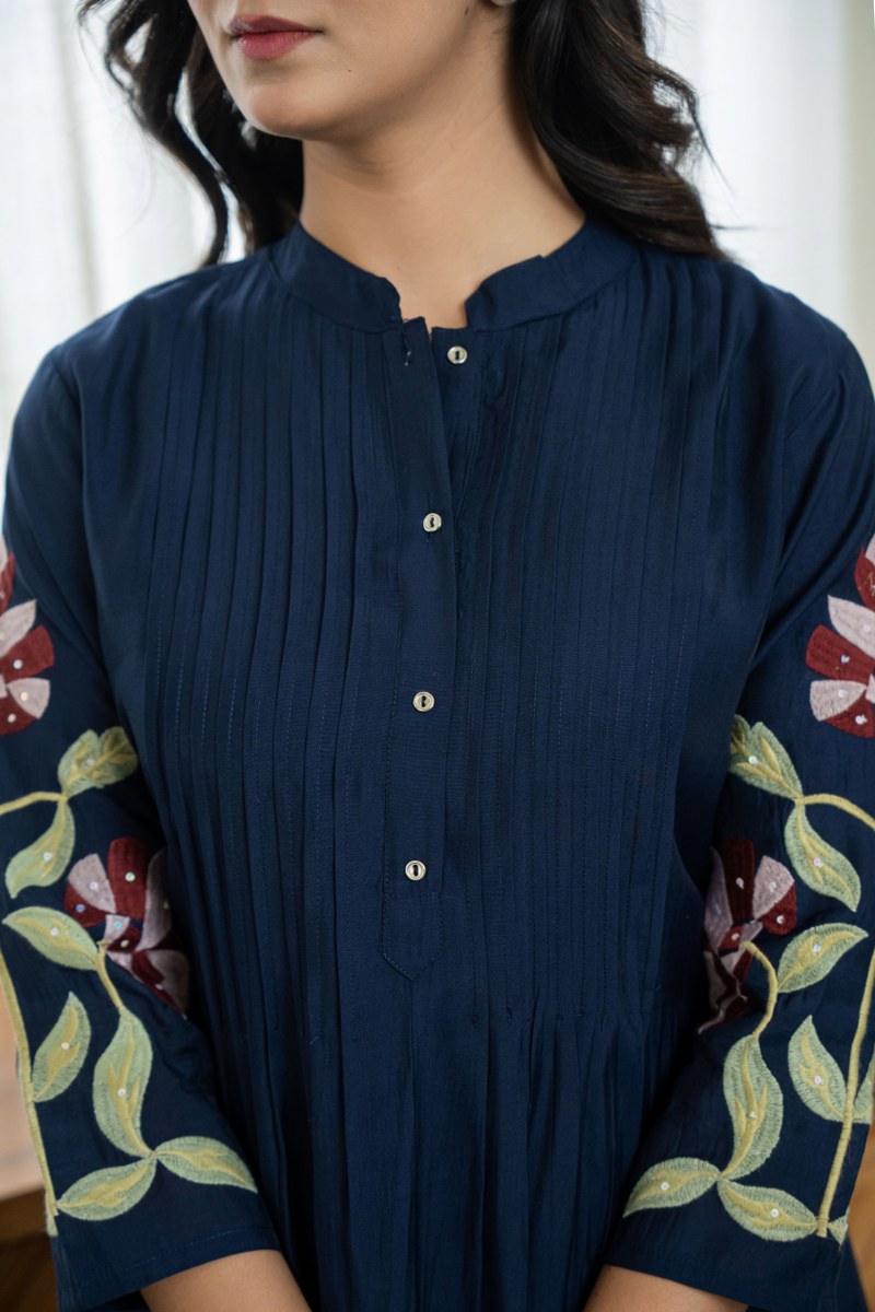 Elegant Pleated Cotton Kurta Set with Heavy Embroidery & Sequins | Kurti + Pant